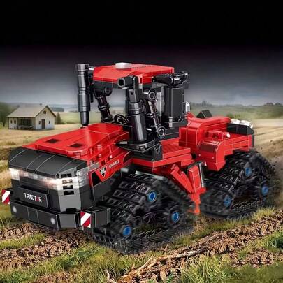 1006pcs Large Tracked Tractor Building Set, With Movable Tracks, Steering Wheel And Loader Bucket - Heavy Vehicle Model Kit, For Display, Birthday/Christmas Gift (Red/Black)