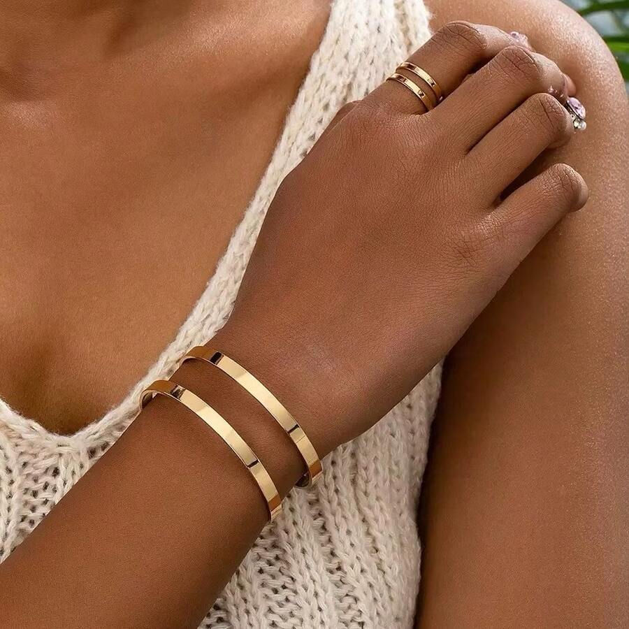 Set Of 2 Adjustable Rings And Bracelets, 2 Strands, Minimalist Luxury, 18k Gold And 925 Silver Plated - 金色 - 查看 1