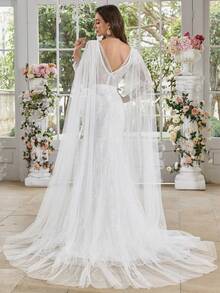 UNITHORSE 女士甜心领大灯笼袖亮片刺绣蕾丝网纱拼接白色鱼尾婚纱礼服，新娘，全白派对服装 - 白色 - 查看 2