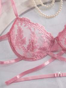 女士亲肤刺绣花卉性感成熟内衣套装 - 粉色 - 查看 2