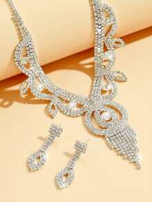 3pcs Fully Rhinestoned Luxury Bridal Jewelry Set - Necklace, Earrings, Suitable For Formal Events - Silver-white - View 4