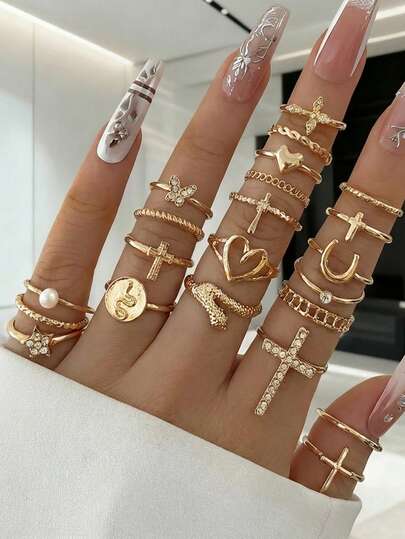22pcs Rhinestone Embellished Fashion Rings Set, Punk Cross, Butterfly, Heart Shaped Elements, Suitable For Women's Daily Wear, Outfit Decoration, Dating, Party, Holiday Gifts [Sizes Marked, Closed Rings, Do Not Force Open], Random Ring Shapes