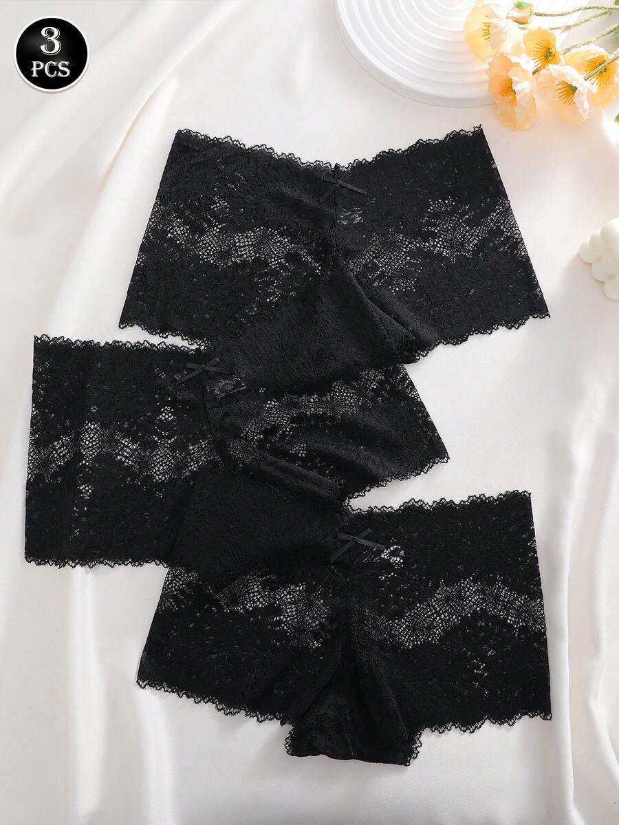 3pcs/Set Solid Color Bow Floral Lace Panties, Sexy & Romantic Women's Underwear