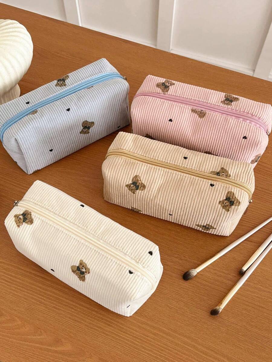 1pc Cute Bear Corduroy Makeup Bag, Waterproof, Can Hold Lipstick, Women's Cosmetic Bag, Small Compact Makeup Case, Women's Travel Pouch, Pencil Case, Large Capacity Makeup Brush Holder, Travel Toiletry Bag, Stationery Pouch,Pouch,Makeup Pouch,Travel Essential