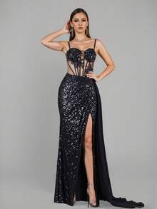 NIKBK Bộ đồ liền thân hở lưng đính đá Black Label, quần bó sát người cá sọc mỏng, quần dự tiệc tối gợi cảm - màu đen - Xem 7