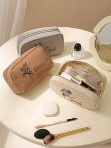 Customizable Makeup Bag/Storage Bag, Minimalist Rectangular Corduroy Makeup Bag With Floral Pattern, Can Customize Name, Storage Pouch, Zipper Travel Cosmetic Organizer Bag, Portable Handbag, Large Capacity Women's Travel Makeup Bag, 5 Color Options, Gift For Women, Girlfriend, Best Friend