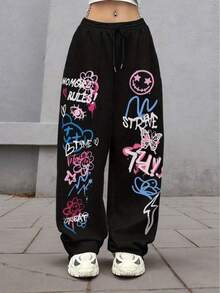 Plus Women's Fun Graffiti Printed Casual Belt Drawstring Long Wide Leg Sports Pants