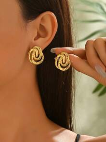 VceTd 1 Pair Minimalist Vintage Exaggerated Elliptical Spiral Line Design Stainless Steel Stud Earrings, Suitable For Women's Daily Fashion, Party Wear, Holiday Gift