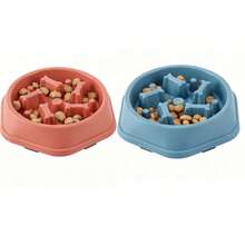 2PCS Small Dog & Cat Slow Feeder Bowl - Plastic Anti-Gulping Puzzle Design Pet Bowl - Xanh dương + Hồng - Xem 1