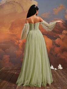 VIPGIRL Váy dài trễ vai bằng vải tuyn màu xanh bạc hà thanh lịch, váy dạ hội xẻ cao đính hoa 3D, váy dạ hội và trang trọng cho nữ, váy dạ hội công chúa mơ mộng, váy dự tiệc quyến rũ - Xem 8