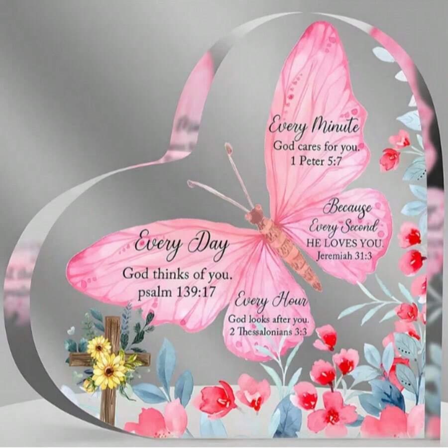 1pc Acrylic Heart-Shaped Bible & Inspirational Poem Decor, Perfect Birthday Gift For Faithful Women, Room Decoration Plaque And Sign - Multicolor - View 1