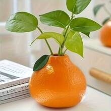 1个橙色柑橘造型花瓶/容器，水培装饰花盆，带绿叶和白色花朵，耐用塑料材质，室内装饰，桌面摆件，手工制作，办公礼品，创意配件（空花瓶，不含植物）