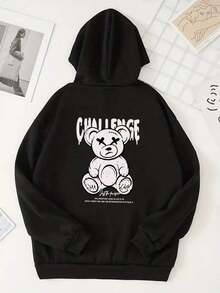 Men's Bear Print Letter Hoodie With Drawstring - Black - View 1
