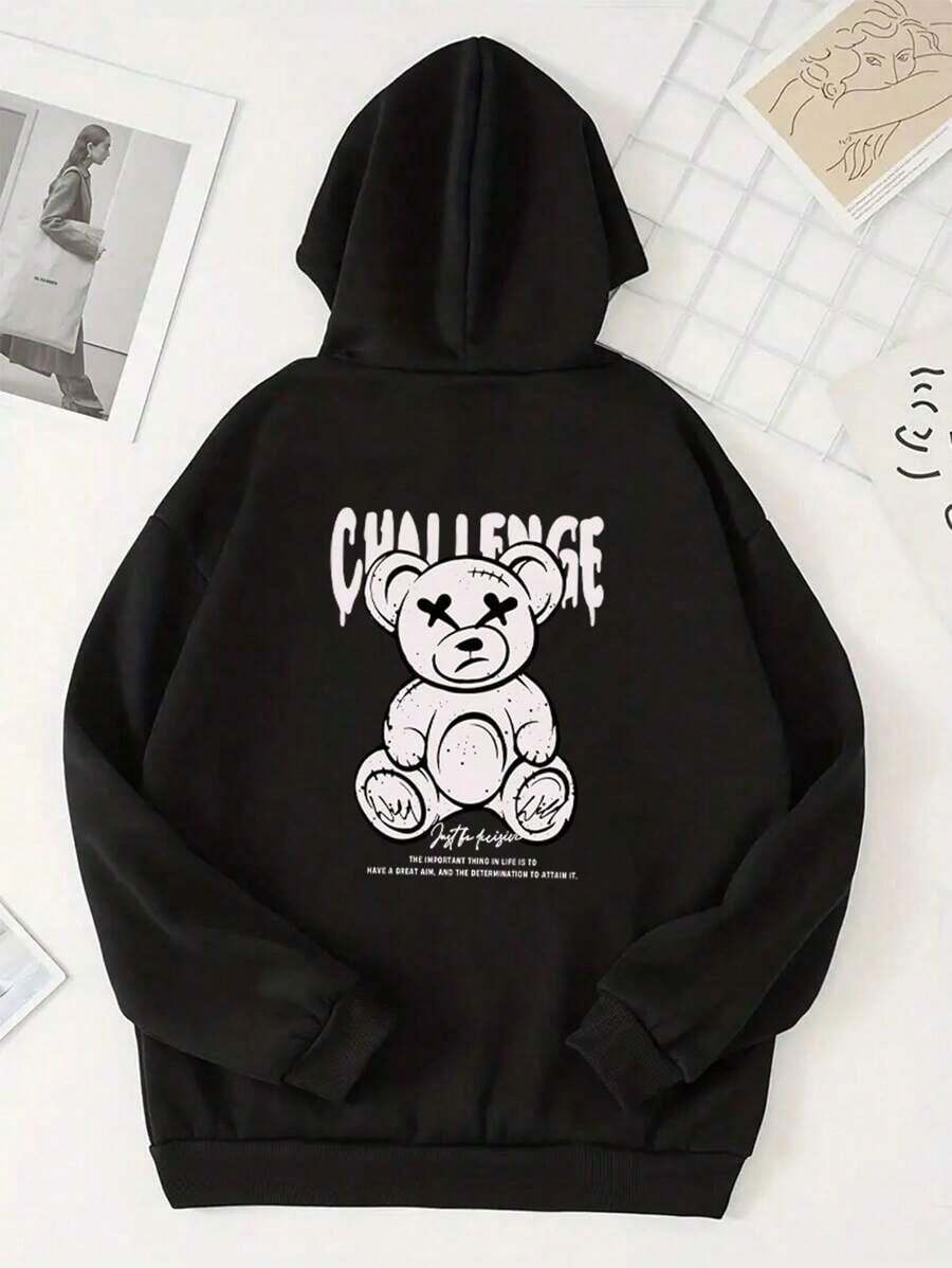 Men's Bear Print Letter Hoodie With Drawstring - Black - View 1