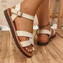 女士平底凉鞋，时尚搭扣带舒适宽松交叉绑带多功能户外简约轻便凉鞋，女士沙滩休闲凉鞋，纯色波西米亚风 - 米色 - 查看 6