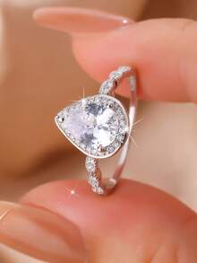 1枚银色水滴形立方氧化锆镶嵌戒指，扭臂全钻戒指，奢华日常/约会/派对珠宝礼物，送给爱人、朋友、女友、女士 - 銀色 - 查看 4