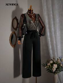 Elegant Women's Deep V Neck Wide Leg Jumpsuit With Sequin Embellished Top, Belted Knot Waist And Flowy Pants Luxury Party Outfit For Fall Winter Layering And Holiday Events - Black - View 8