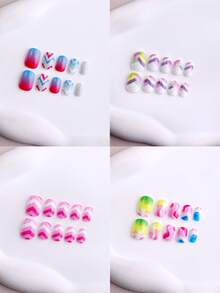 NAIO 96片/套 Y2K 酷炫风儿童美甲贴纸，亚克力材质，预涂凝胶，全覆盖，闪亮可爱图案，包含渐变、条纹和霓虹渐变元素。短款自粘美甲贴纸，适合小女孩——可爱简约主题。美甲用品 - 彩色 - 查看 5