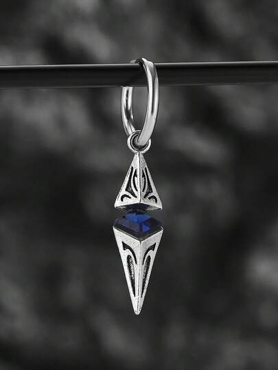 1pc Stainless Steel Rhombus Zirconia Oval Wishing Stone Pendant, Vintage Style Earring For Men