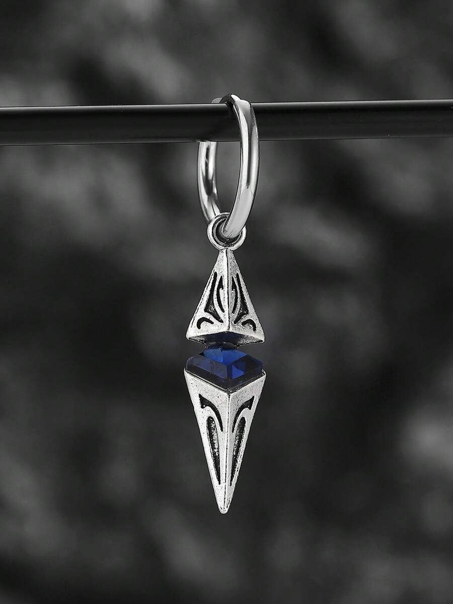 1pc Stainless Steel Rhombus Zirconia Oval Wishing Stone Pendant, Vintage Style Earring For Men - Multicolor - View 1