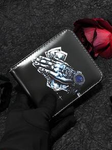 Ví nam thời trang PUNK bán chạy, mới về, họa tiết hoa hồng, chất liệu da PU, kiểu gập ngắn, đa năng, in hình, kẹp tiền, đựng thẻ, ví đựng tiền xu cho nam, ví mini, ví nhỏ. - màu đen - Xem 6