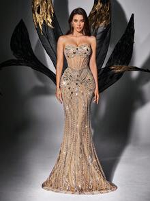 Đầm phù dâu phối lưới thời trang đính sequin, đầm dự tiệc cưới, đầm dự tiệc sinh nhật, đầm cưới theo chủ đề, đầm tiệc chiêu đãi, đầm cocktail màu trơn, đầm maxi không tay hở lưng có khóa kéo, đầm đuôi cá. - Rượu sâm banh - Xem 4