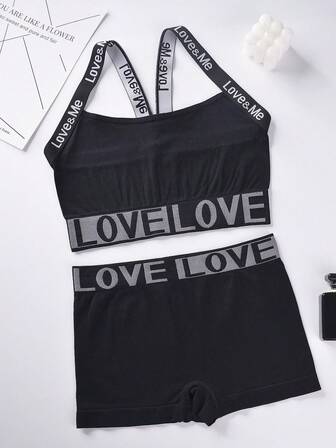 1set Of 2 Pieces Valentine's Day Couple Matching Lingerie Set "Love&Me" Letter Print Bralette + Boxer Briefs ,Lounge Sets For Women ,Valentine Outfits For Women