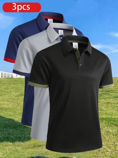 3pcs Men's Lightweight Breathable Polo Shirts, Boyfriend Style For Spring/Summer Outdoor Activities Like Hiking, Camping, Golf, Casual Colorblock Short Sleeve T-Shirts