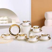 6-Piece European Luxury Cappuccino Coffee Cup And Saucer Set, Gold-Rimmed Ceramic Coffee Cups, Elegant Turkish Tea Cup Set, Suitable For Parties, Afternoon Tea Cups, Suitable For Coffee Shop Tableware, Exquisite Matcha Water Cup Set. (100ml) - White Brushing - View 10