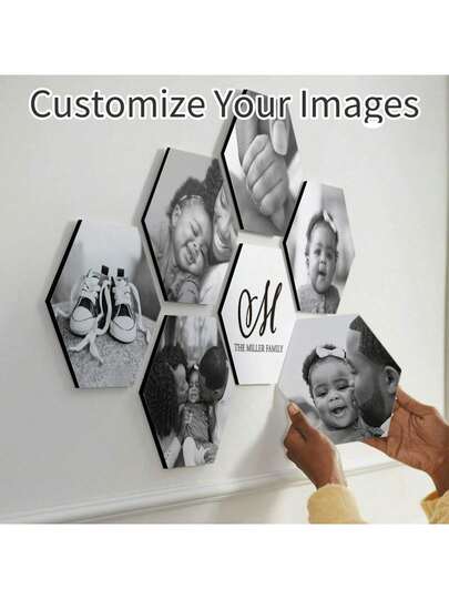 Conjunto personalizado de pared de fotos hexagonales de acrílico - Imágenes familiares personalizadas e identificadores de letras, decoración de pared modular de acrílico, adecuado para manualidades en el hogar