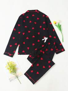 爱心印花女士长袖长裤睡衣套装 - 酒紅色 - 查看 7