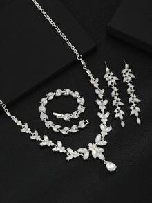 4-Piece/Set Luxury Rhinestone Bridesmaid Jewelry Set, Elegant And Fashionable Horse Eye Pointed Rhinestone Leaf Necklace Pendant Earring Bracelet Set, Suitable For Weddings, Banquets, Dances And Other Occasions - 白色 - 查看 4