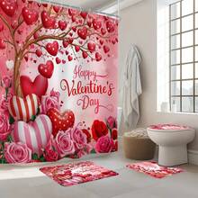 1/4pcs Valentine's Day Decor Shower Curtain Set, Heart & Rose Floral Romantic Red & Pink Washable Bathroom Curtain, Bathroom Gift With 12 Hooks Non-Slip U-Shaped Toilet Seat Cover And Bath Mat - Multicolor - View 7