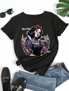 Disney Short-Sleeve T-Shirt For Women - Skull And Tattoo Graphic Print, Slightly Stretchy Round Neck, Machine Washable, Spring Summer Fall Top, Bold Fashion Gift For Women, Versatile Seasonal Shirt, Floral Print Shirt, Comfort Fit Shirt, Everyday Wear Top, Soft Fabric, Printed T-Shirt, Women - màu đen - Xem 2