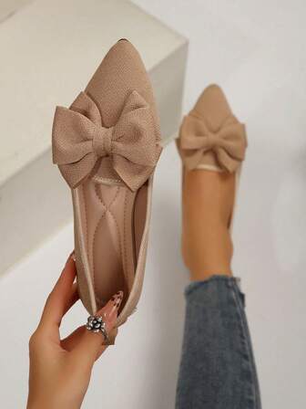 Khaki Pointed Toe Slip-On Shoes With Bow Decor, Women's Casual Loafers, Elegant Moccasins, Minimalist Style Flat Shoes For Spring Autumn Commuting Office