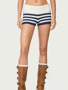 Women's Fold Over Waist Knitted Shorts Y2k Low Waist Striped Print Color Block Slim Fit Hot Pants Party Clubwear Going Out Sweater Shorts Loungewear Bottoms Stretchy Yoga Shorts Summer Casual Active Jogger Sweatshorts - 藏蓝色 - 查看 7