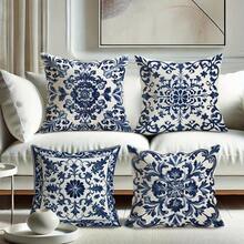 4Pcs Bohemian Blue & White Floral Pattern Throw Pillow Covers - 17.7x17.7 Inches, 2D Digital Single-Side Printing Cushion Cases, Zipper Closure & Machine Washable, Decorative For Living Room, Bedroom & Sofa (No Pillow Inserts Included) - Multicolor - View 1