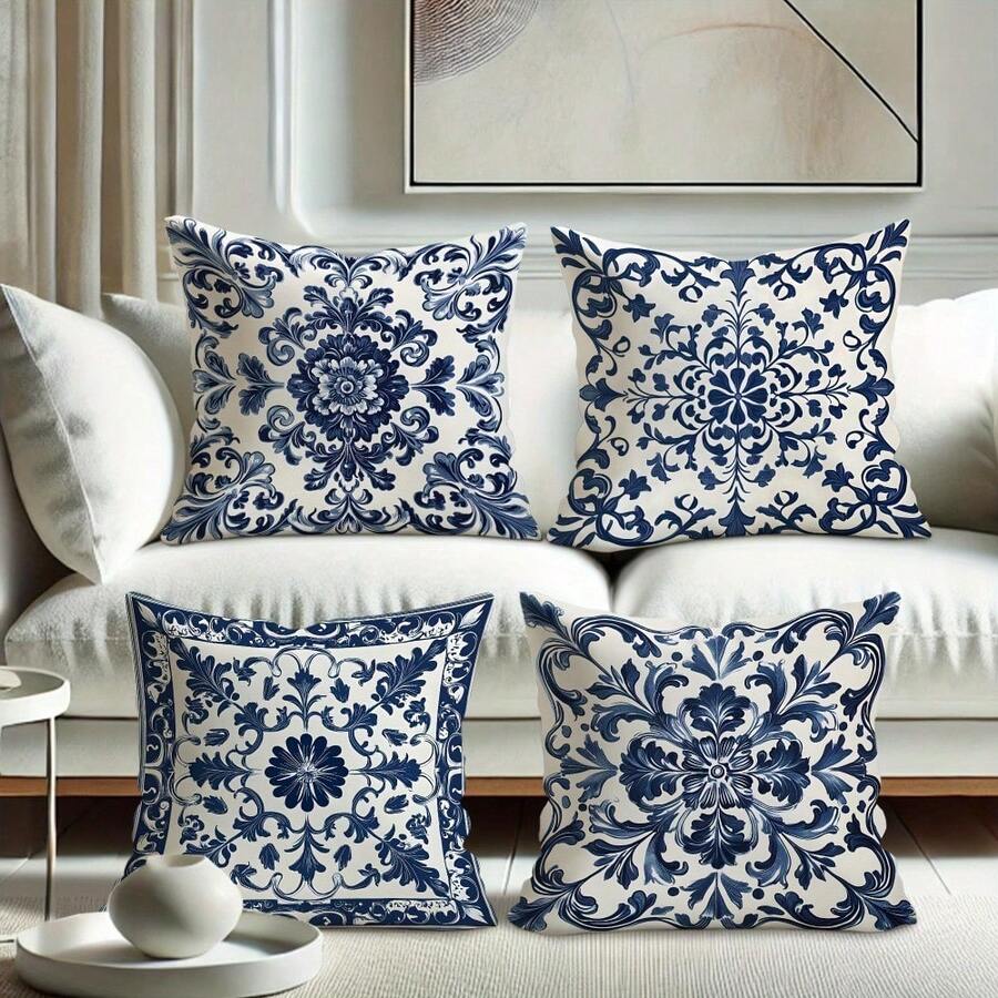 4Pcs Bohemian Blue & White Floral Pattern Throw Pillow Covers - 17.7x17.7 Inches, 2D Digital Single-Side Printing Cushion Cases, Zipper Closure & Machine Washable, Decorative For Living Room, Bedroom & Sofa (No Pillow Inserts Included) - Multicolor - View 1