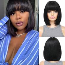 Parrucche corte in capelli umani con frangia, senza pizzo frontale, parrucche brasiliane lisce, realizzate a macchina, per donne, densità 180%, colore naturale. - Natural Black - Visualizzare 7