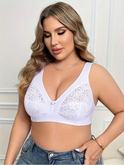 Plus Size Elegant Lace Full Coverage Adjustable Strap Bra - Medium Elasticity, Wireless Unpadded Design, White Floral Print With Contrast Lace Trim, Breathable Everyday Comfort, Fashionable Lingerie, Medium Stretch Fabric, Supportive, Large Cup Size
