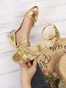 Women's Elegant Casual Sexy Bohemian High Heel Sandals With Strap Diagonal Woven Decor, Solid Color, Suitable For Vacation And Outdoor Wear In Summer - Gold - View 3