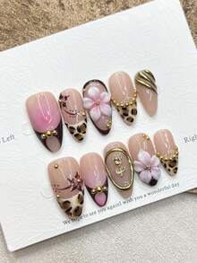 10pcs French Leopard Print Almond Shaped 3D Carved Glamorous Y2K Metallic Gilded Studded Handmade Press-On Nail Tips Nails - Multicolor - View 2