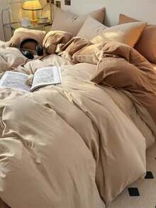 Dieses Bettwäsche-Set beinhaltet 4 Teile (1 Bettbezug, 1 Spannbettlaken und 2 Kissenbezüge, ohne Bettdecke). Es ist weich und bequem, für alle Jahreszeiten geeignet und damit eine ideale Wahl für Schlafzimmer und Gästezimmer. Es eignet sich auch hervorragend als Geschenk. - Milchkaffeefarbe - Übersicht 3