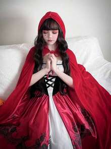 一件天鹅绒连帽斗篷，适合狂欢节、圣诞派对、化装舞会、角色扮演，可作小红帽披风，也可作万圣节女装。 - 紅色 - 查看 3