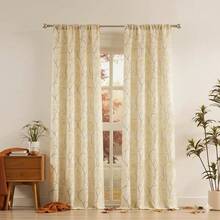 ZJDECOR 95 Inches Long Semi Sheer Curtains For Bedroom Living Room,Printed Botanical Yellow Leaf Grey Branch On Linen Blended Fabric,Rod Pocket Back Tab Window Treatment With Tapes,38\ Wx95 Lx2,38inchWx95inchL(Packof2),YellowLeaf/GreyBranch - 黃葉/灰枝 - 查看 1