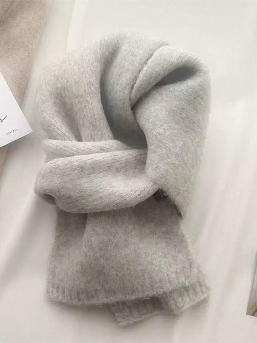 New Korean Version Versatile Knitted Scarf For Women Winter Atmosphere Solid Color Simple Soft Warm Slouchy Style Small Neck Warmer - Light Grey - View 1