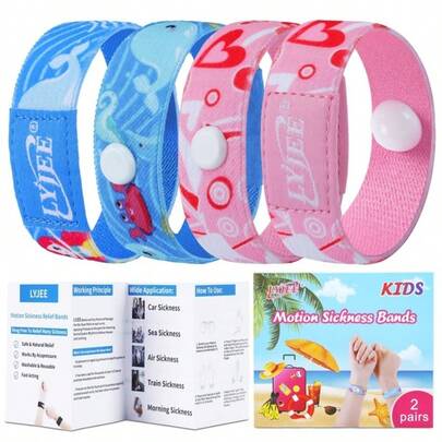 2 Pairs LYJEE Children's Motion Sickness Wristbands - Twin Pack Essential Cruise Travel Item Children's Seasickness Wristbands Anti-Nausea Wristbands Relieves Motion Sickness Discomfort During Car, Boat And Air Travel