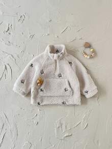 Baby Girls' Floral Embroidery Fleece Collar Raglan Sleeve Zip-Up Warm Jacket, Winter - Apricot - View 6