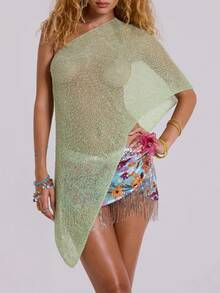 Women Sheer Cover Ups Solid Color See Through Off Shoulder Shrug Pullover Tops Mesh Knit Poncho For Beach - 綠色 - 查看 3