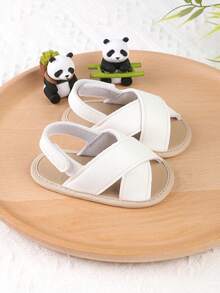 1 Pair Toddler Boys' Fashion Versatile British Style Hook And Loop Design Sandals & Slippers, Suitable For 0-1 Year Old Infant Boys' First Walking Shoes, Infant Shoes, Spring/Summer - White - View 3